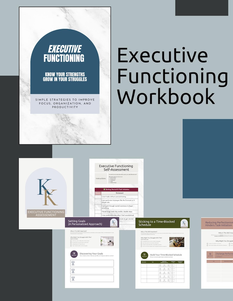 Op de afbeelding: Een "Executive Functioning Workbook" met een marmeren achtergrond en blauwe accenten. De omslag bevat de tekst "Executive Functioning" en "Know Your Strengths Grow in Your Struggles." Extra pagina's bevatten zelfevaluatie- en doelstellingswerkbladen.