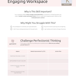 Op de afbeelding: Een werkblad getiteld "Een aantrekkelijke werkplek opzetten" met secties over het belang van de werkplek en perfectionisme. Bevat prompts voor zelfevaluatie en actieplanning, met een logo rechtsboven.