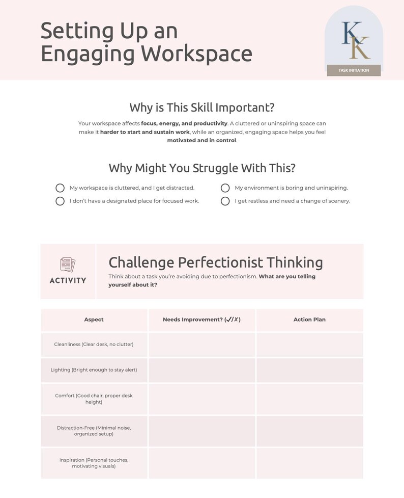 Op de afbeelding: Een werkblad getiteld "Een aantrekkelijke werkplek opzetten" met secties over het belang van de werkplek en perfectionisme. Bevat prompts voor zelfevaluatie en actieplanning, met een logo rechtsboven.