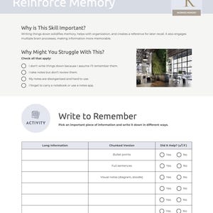 Op de afbeelding: Een wit en grijze infographic getiteld "Writing Things Down to Reinforce Memory". Het bevat secties over waarom deze vaardigheid belangrijk is en waarom men er moeite mee zou kunnen hebben, samen met een activiteit.