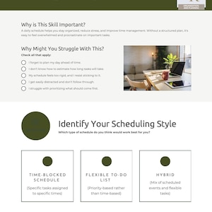 Op de afbeelding: Een witte en groene infographic getiteld "Een dagelijkse planning maken". De infographic bevat secties over het belang van planning, veelvoorkomende problemen en planningsstijlen, zoals tijdgebonden en flexibele takenlijsten.