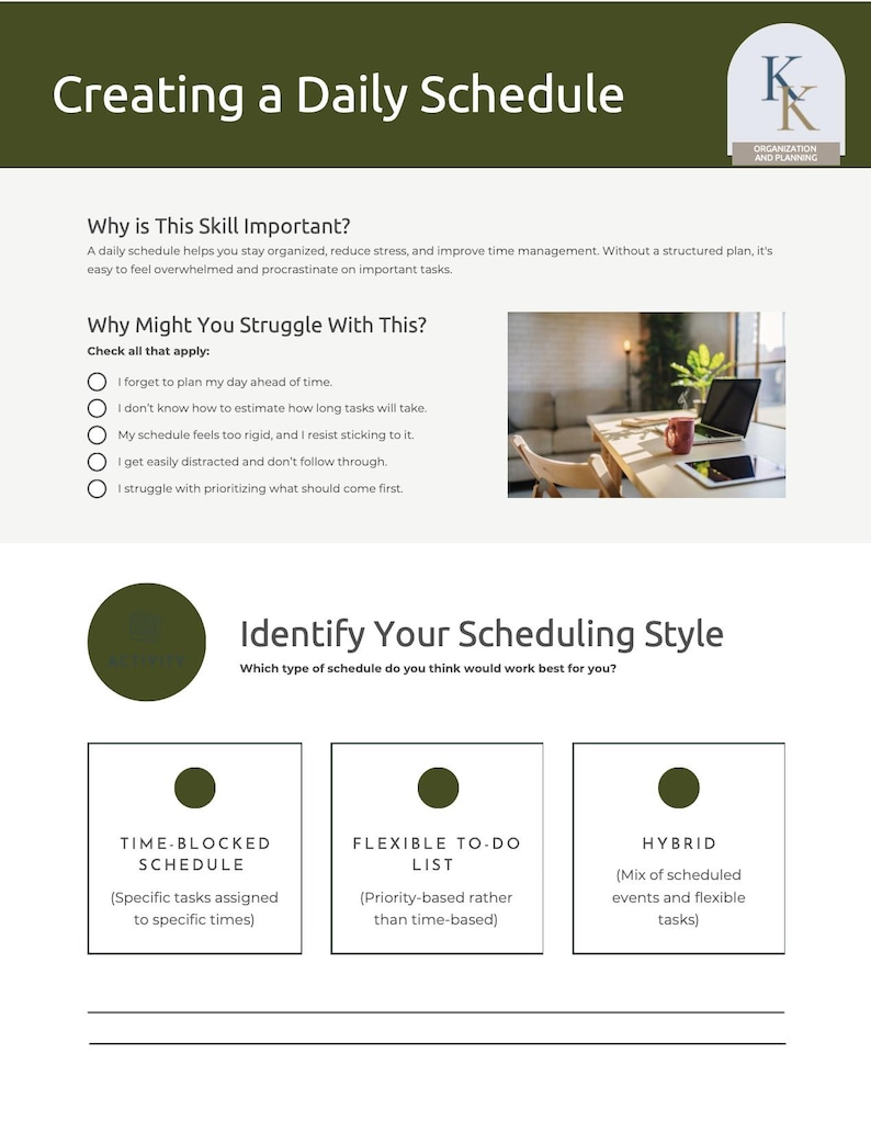 Op de afbeelding: Een witte en groene infographic getiteld "Een dagelijkse planning maken". De infographic bevat secties over het belang van planning, veelvoorkomende problemen en planningsstijlen, zoals tijdgebonden en flexibele takenlijsten.