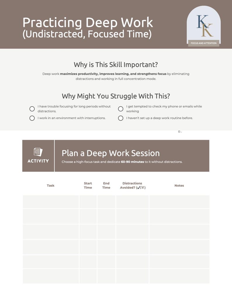 Op de afbeelding: Een werkblad getiteld "Diep Werk Oefenen" met secties over focus en concentratie. Het document bevat vragen over uitdagingen met focus en een sectie om een diepe werksessie te plannen.