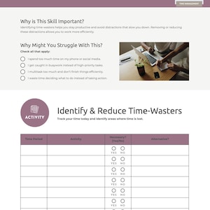 Op de afbeelding: Een werkblad getiteld "Identifying Time-Wasters" met een paarse kop. Het document bevat secties over het belang van tijdmanagement en hoe je tijdverspillende activiteiten kunt identificeren. Het bevat een tabel om tijdsperioden, activiteiten en alternatieven bij te houden.