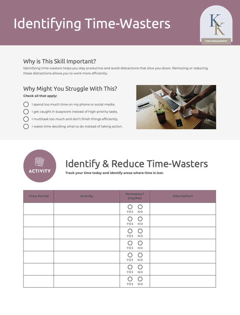 Op de afbeelding: Een werkblad getiteld "Identifying Time-Wasters" met een paarse kop. Het document bevat secties over het belang van tijdmanagement en hoe je tijdverspillende activiteiten kunt identificeren. Het bevat een tabel om tijdsperioden, activiteiten en alternatieven bij te houden.