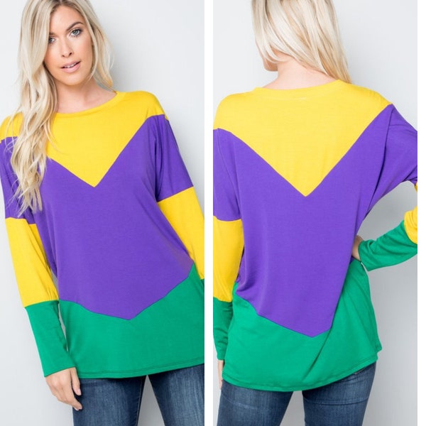 Mardi Gras Top, NOLA MArdi Gras Top, Purple Green Yellow Top, Purple Yellow Green Top, Mardi Gras 2022 Top