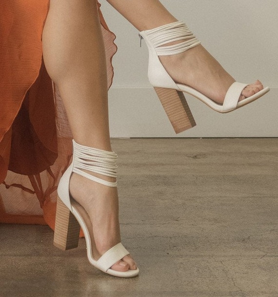 White Chunky Heel Wood Block Sandal Heels White Sandals - Etsy