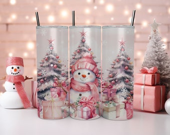 Christmas Snowman 20 oz Skinny Tumbler Sublimation Design, Instant Digital Download PNG,  Holiday Tumbler Wrap Pink Snowman