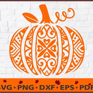 Op de afbeelding: Oranje pompoen met een mandala-ontwerp. De pompoen heeft een steel en een gekrulde rank. Het ontwerp is ingewikkeld en gedetailleerd.