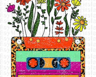 Sublimation Transfer, Ready to Press, Retro Vintage soul cassette tape, flowers wildflower, spring leopard cheetah
