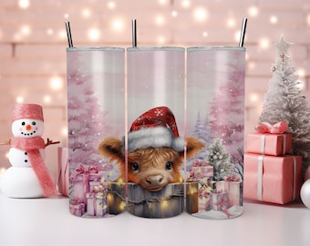 Christmas Baby Highland Cow 20 oz Tumbler Wrap Design Instant Digital Download PNG, Holiday Tumbler Wrap Design