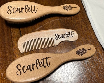 Personalized Baby Brush and Comb Set: Engraved Wooden Hairbrush, Newborn Gift