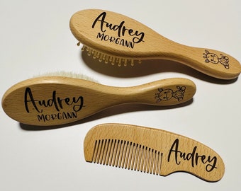 Personalized Baby Brush and Comb Set: Natural Goat Hair, Engraved Wood