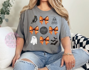 PNG Watercolor Halloween, Spooky Moon and Flying Objects, Orange and Black Coquette Bows, Bats, Ghost, Moth, Crow