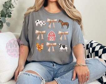 PNG Watercolor Farm Coquette Bows and Animals, Cow, Horse, Pig, Chicken
