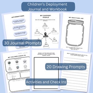 Op de afbeelding: Een kinderjournaal en werkboek met de titel "Children's Deployment Journal and Workbook". Het journaal bevat affirmaties, gevoelenscontroles, tekenopdrachten en dankbaarheidsoefeningen. Het journaal heeft 30 journaalvragen, 20 tekenopdrachten en activiteiten.