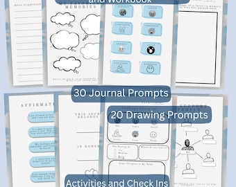 May include: A children's grief journal and workbook with prompts and activities. The journal includes pages for writing, drawing, and affirmations. The cover has the text "Children's Grief Journal and Workbook". The journal is designed to help children process their feelings.