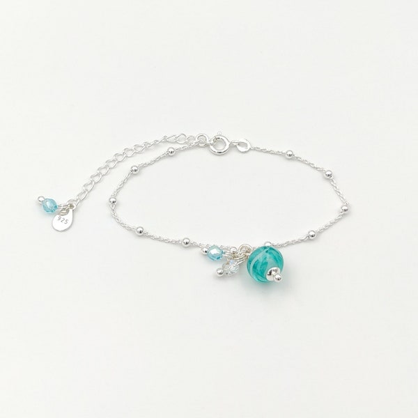 Bracelet perle fine en argent et perle de verre turquoise