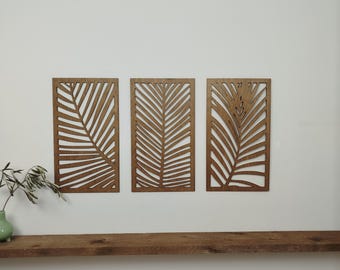 Tríptico de hojas de palma – Decoración de pared de madera – Conjunto de pared natural – Decoración artesanal – Hecho en Francia