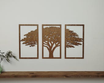 Tríptico de árboles – Arte mural de madera con motivos naturales – Juego de 3 marcos de árboles – Decoración de pared zen – Hecho a mano en Francia