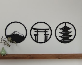 Conjunto de 3 adornos de pared japoneses: Monte Fuji, Templo y Puerta Torii. Tríptico japonés de madera. Hecho a mano en Francia.