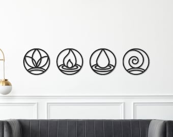 Decoración de pared de los cuatro elementos: tierra, aire, fuego y agua. Arte mural de madera. Decoración espiritual zen. Hecho a mano en Francia.
