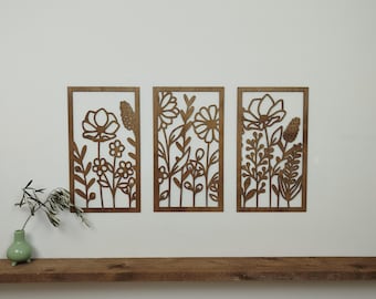 Tríptico de flores – Decoración floral de madera para pared – Juego de 3 marcos de flores – Decoración de pared natural – Hecho a mano en Francia