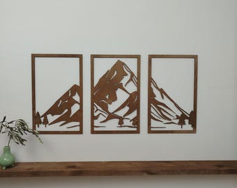Tríptico de Montaña Moderno – Decoración de Pared de Madera – Conjunto de Paisaje de Pared – Decoración Artesanal Francesa