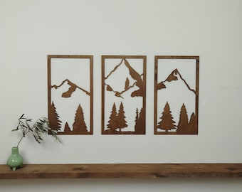 Tríptico de Montaña – Decoración mural de madera – Conjunto de 3 cuadros de montaña – Decoración mural artesanal – Fabricado en Francia