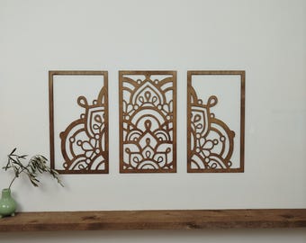 Tríptico de Mandalas – Decoración de Pared Zen de Madera – Juego de 3 Marcos de Mandalas – Arte de Pared Espiritual – Hecho a Mano en Francia