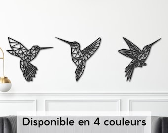 Juego de colibríes geométricos - Decoración de pared de madera - Juego de 3 colibríes - Tríptico de pared