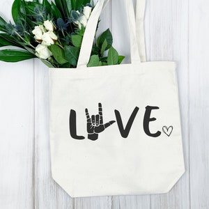 ASL ily hand sign LOVE tote bag | i + l + y = ily sign language I Love You deaf D/HH tote | asl tote bag for teachers parents and kids, coda