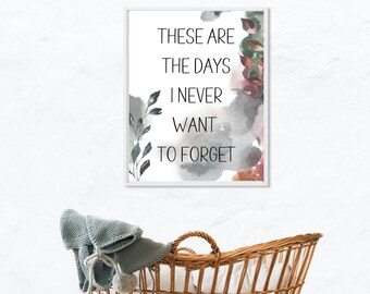 May include: A white framed print with a watercolor background and the text "These are the days I never want to forget". The print is hanging on a white wall above a wicker bassinet.