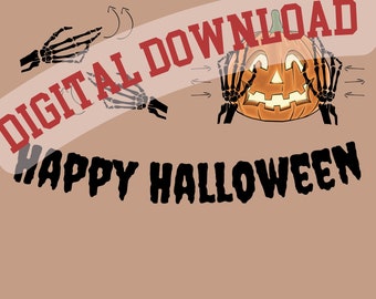 May include: Digital download graphic featuring a jack-o'-lantern with two skeleton hands covering its eyes. The text "DIGITAL DOWNLOAD" is in red and the text "HAPPY HALLOWEEN" is in black.