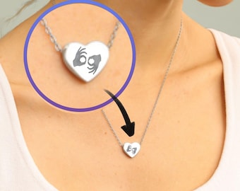 Engraved Interpreter ASL Sign Heart Pendant Necklace, Personalized Jewelry Gift for Sign Language Interpreters, Handmade Custom Engraving