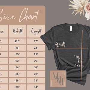 May include: Size chart for t-shirts with measurements in inches for width and length. Sizes include XS, S, M, L, XL, 2XL, 3XL, and 4XL.