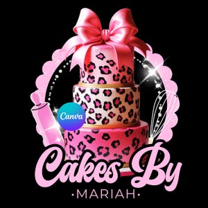 May include: A three-tiered pink cake with leopard print and a large pink bow on top. The cake has gold trim and the text "Cakes By Mariah" in pink script. A rolling pin and whisk are on either side of the cake.