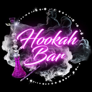 May include: A pink and silver hookah with a decorative base and a pink neon sign that says "Hookah Bar" surrounded by white smoke and a circle of silver rhinestones.