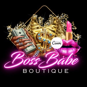 May include: A pink neon sign reading "Boss Babe Boutique" with a gold handbag, dollar sign, and lipstick in the background. The dollar sign is decorated with blue gemstones.