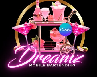 Puede incluir: Ilustración de un carrito de bar móvil rosa con cócteles, champán y guarniciones. El carrito tiene dos niveles y detalles dorados, con el texto "Dreamz Mobile Bartending" en rosa neón. También hay un logotipo de Canva.