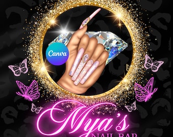 Puede incluir: Un letrero de neón rosa con el texto "Mya's Nail Bar" sobre un fondo negro con purpurina dorada y mariposas. Una mano con uñas largas, rosas y blancas con pedrería está en un círculo dorado con un diamante.