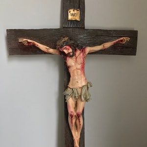Passion Crucifix - Hand painted Scourged Jesus Christ Large Indoor / Outdoor, Free Shipping (Corpus wall cross rustic resin warm wood tones)