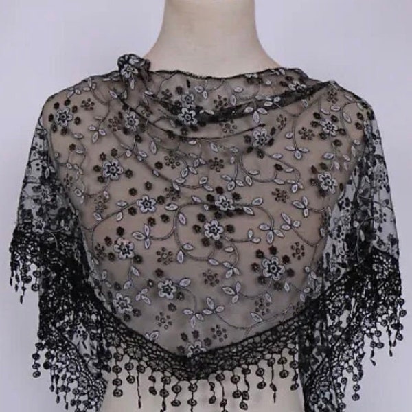 Lace Chapel Veil / Mantilla - Women Floral Print Triangle Veil Church Scarf Shawl Tassel Black