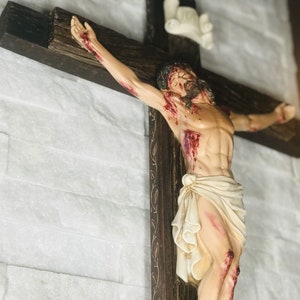 Passion Crucifix - Hand painted Scourged Jesus Christ Medium, Free Shipping (Corpus wall cross rustic resin warm wood tones sorrowful)