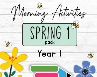Pode incluir: Um gráfico colorido com o texto "Morning Activities SPRING 1 pack Year 1" e uma ilustração de abelha. O gráfico está sobre um fundo de madeira branca com flores amarelas e azuis.