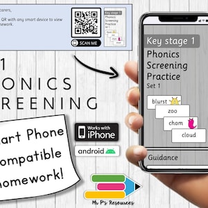 May include: A smartphone screen displaying a phonics screening practice app for Key Stage 1. The app features a set of four words: blurst, zoo, chom, and cloud. Each word is accompanied by a colourful illustration. The app also includes a guidance section.