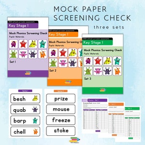 Puede incluir: Tres hojas de trabajo imprimibles de colores para una prueba de detección fonética para Key Stage 1. Cada hoja de trabajo presenta un conjunto de ilustraciones de monstruos coloridos y las palabras "Mock Phonics Screening Check" y "Pupils' Materials".