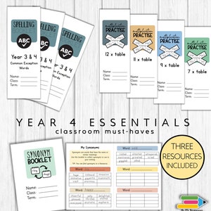 May include: A set of printable educational resources for Year 4 students. The resources include a spelling booklet, a synonym booklet, and multiplication practice sheets. The resources are designed to help students learn and practice essential skills.