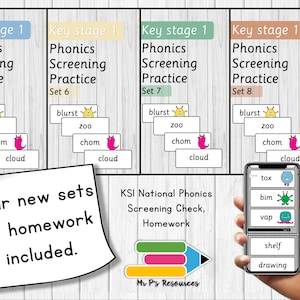 Può includere: Sono inclusi quattro nuovi set di compiti di pratica di screening fonetico. L'immagine mostra un set di quattro carte con le parole "blurst", "zoo", "chom" e "cloud" su di esse. Le carte sono disposte in una pila, con la parola "blurst" in cima. L'immagine mostra anche uno smartphone con uno schermo che mostra un elenco di parole, tra cui "tox", "bim", "vap", "shelf" e "drawing".