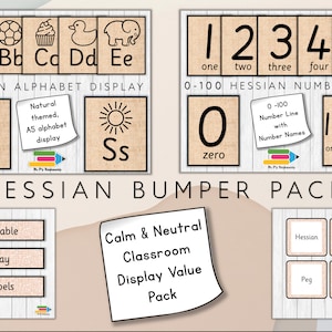 May include: A classroom display pack with a burlap background. The pack includes an alphabet display, a number line, and a set of labels. The pack is designed to be calm and neutral, with a focus on display value.